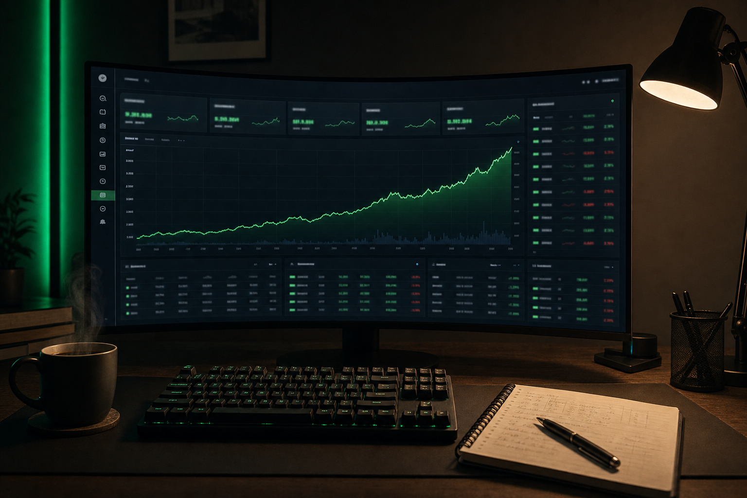 Curved monitor on a dark desk showing an anonymized portfolio equity curve rising to the right